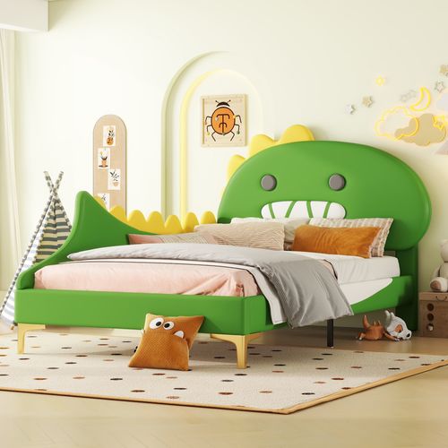 Lit Enfant 90x200 Cm En Pu Vert Avec Tête En Forme De Dinosaure, Design Ludique Pour Chambre