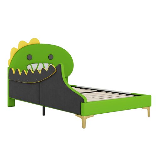 Lit Enfant 90x200 Cm En Pu Vert Avec Tête En Forme De Dinosaure, Design Ludique Pour Chambre