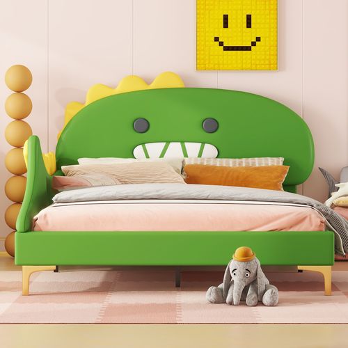 Lit 140x200 Cm Enfant En Pu Vert, Tête En Forme De Dinosaure Cartoon, Design Ludique Et Sûr