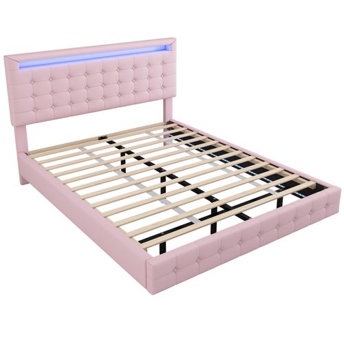 Lit 140x200 Cm Design Flottant En Pu Rose, Éclairage LED Réglable, Tête Réglable 3 Positions
