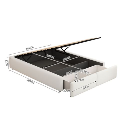 Lit Coffre 140x200 Cm En Tissu Lin-coton Blanc, Rangement Hydraulique Et 2 Tiroirs