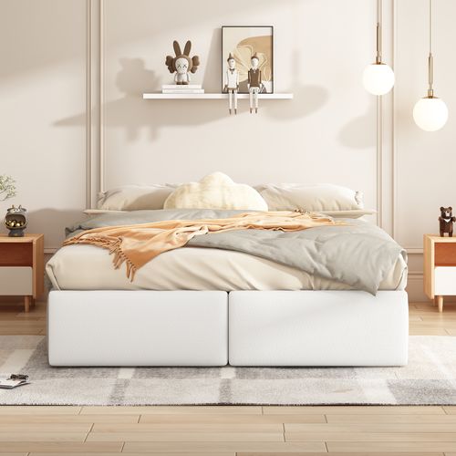 Lit Coffre 140x200 Cm En Tissu Lin-coton Blanc, Rangement Hydraulique Et 2 Tiroirs