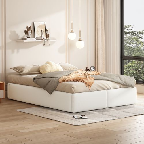 Lit Coffre 140x200 Cm En Tissu Lin-coton Blanc, Rangement Hydraulique Et 2 Tiroirs