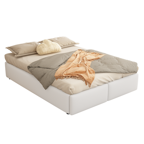 Lit Coffre 140x200 Cm En Tissu Lin-coton Blanc, Rangement Hydraulique Et 2 Tiroirs