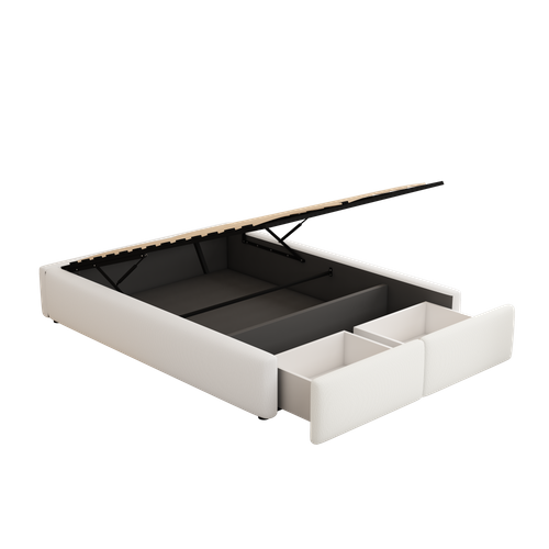 Lit Coffre 140x200 Cm En Tissu Lin-coton Blanc, Rangement Hydraulique Et 2 Tiroirs