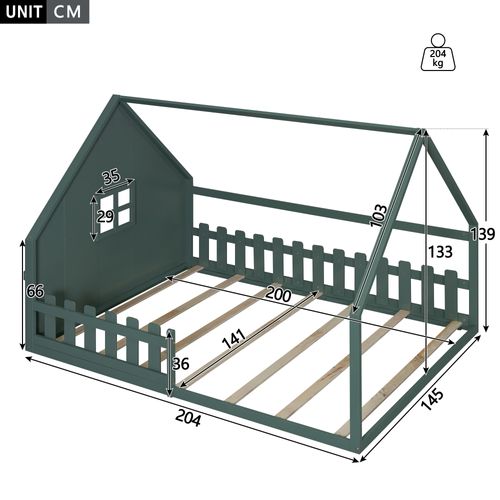 Lit Enfant 140x200 Cm En Pin Vert, Forme Maison Avec Barrières De Sécurité Et Mdf