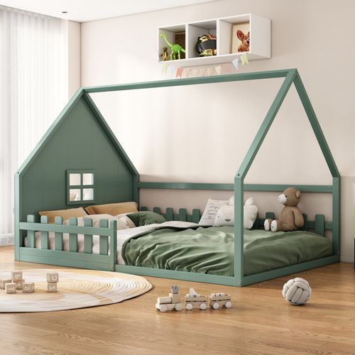 Lit Enfant 140x200 Cm En Pin Vert, Forme Maison Avec Barrières De Sécurité Et Mdf