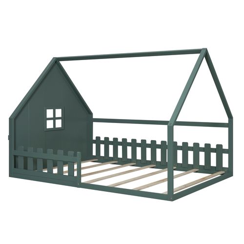Lit Enfant 140x200 Cm En Pin Vert, Forme Maison Avec Barrières De Sécurité Et Mdf
