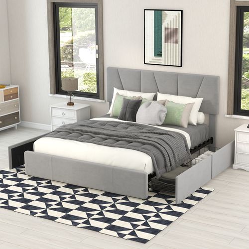 Lit 140x200 Cm Velours Gris, Cadre Rembourré Avec 4 Tiroirs De Rangement Et Tête Réglable