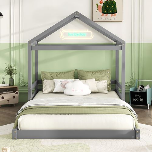 Lit Maison 140x200 Cm En Pin Et Mdf Gris, Forme Cabane Ludique, Lignes Épurées, Montage Simple