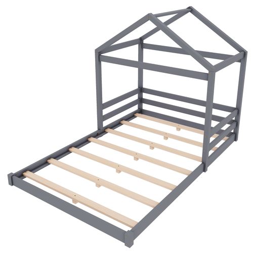 Lit Maison 140x200 Cm En Pin Et Mdf Gris, Forme Cabane Ludique, Lignes Épurées, Montage Simple