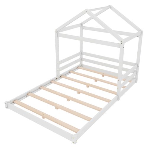 Lit Cabane 140x200 Cm En Pin Et Mdf Blanc, Design Maison Ludique, Sommier à Lattes Inclus