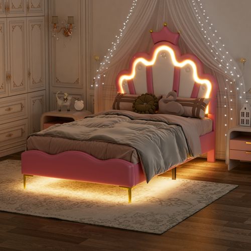 Lit 90x200 Cm En Pu Rose, Tête Couronne Capitonnée Avec Perles Et Bande LED Multicolore