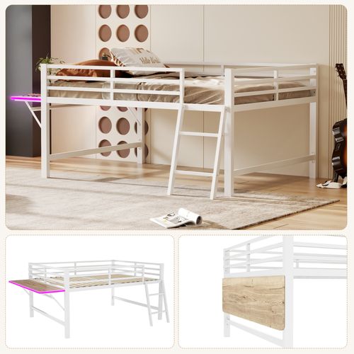 Lit 140x200 Cm En Métal Blanc Avec Barrières, Échelle, Bureau Rabattable Et LED Télécommandé