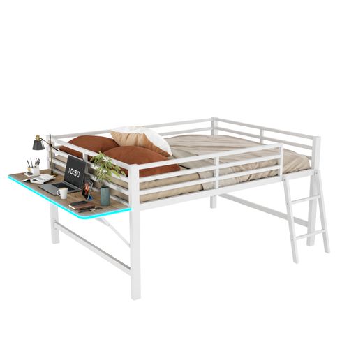 Lit 140x200 Cm En Métal Blanc Avec Barrières, Échelle, Bureau Rabattable Et LED Télécommandé