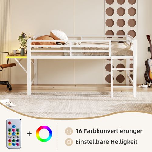 Lit 140x200 Cm En Métal Blanc Avec Barrières, Échelle, Bureau Rabattable Et LED Télécommandé