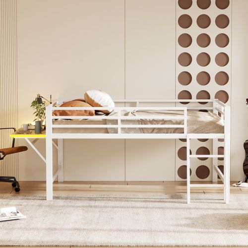 Lit 140x200 Cm En Métal Blanc Avec Barrières, Échelle, Bureau Rabattable Et LED Télécommandé