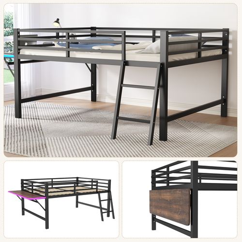 Lit Surélevé 140x200 Cm En Métal Noir, Garde-corps Sécurisant, Échelle Et Bureau Pliant LED