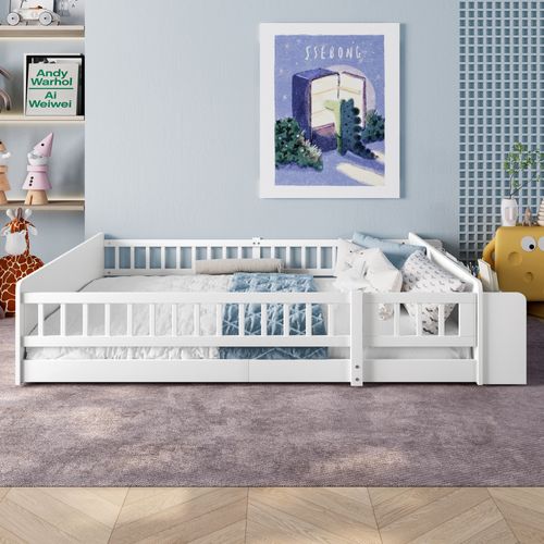 Lit Enfant 140x190 Cm En Pin Et Mdf Blanc, Rangements Ouverts Et Étagères Modulaires