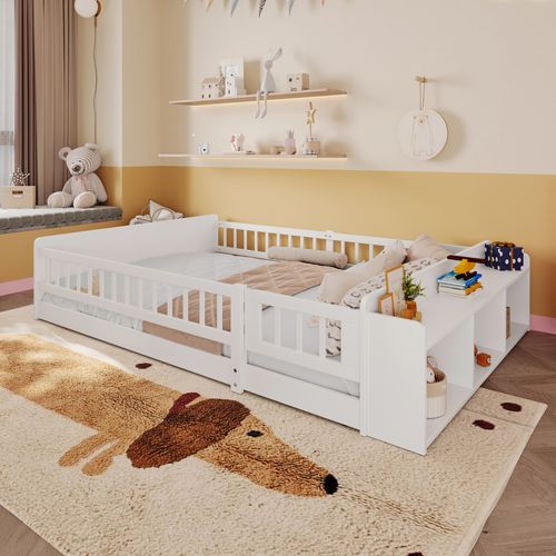 Lit Enfant 140x190 Cm En Pin Et Mdf Blanc, Rangements Ouverts Et Étagères Modulaires