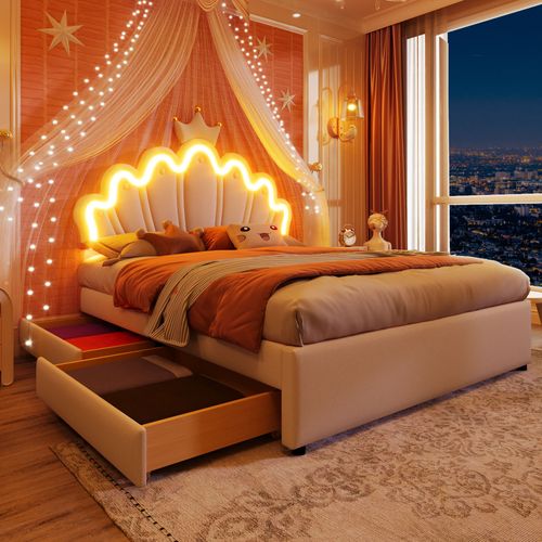 Lit Rembourré 140x200 Cm Avec Tête De Lit Ajustable Et Lumière LED Contrôlable