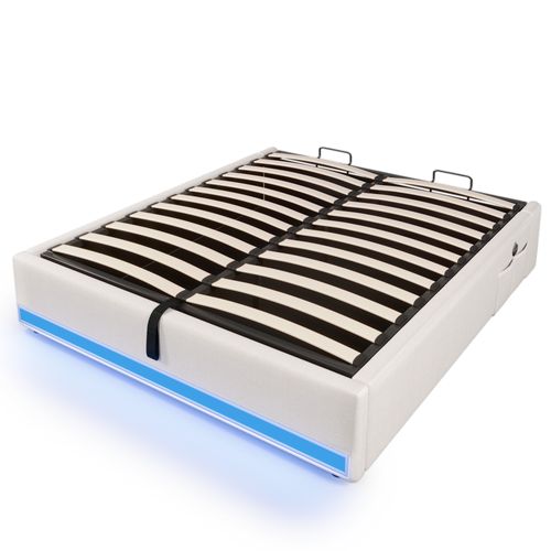 Lit Rembourré 140x200 Cm Avec Structure Avec Coffre De Rangement Et LED