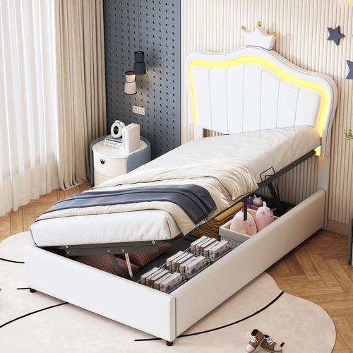 Lit Enfant 90x200 Cm Avec Coffre De Rangement Et Éclairage LED