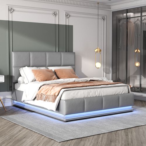 Lit Coffre 140x200 Cm Avec Rangement Et LED Design En Simili Cuir Gris