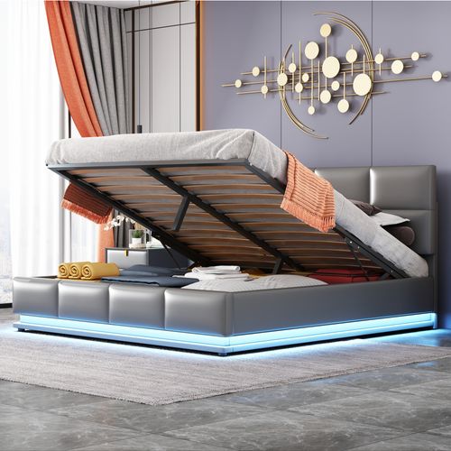 Lit Rembourré 160x200 Cm Avec Coffre De Rangement Et Éclairage LED