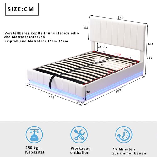 Lit Rembourré 140x200 Cm Avec Coffre De Rangement Et Éclairage LED