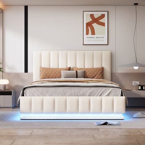 Lit Rembourré 140x200 Cm Avec Coffre De Rangement Et Éclairage LED