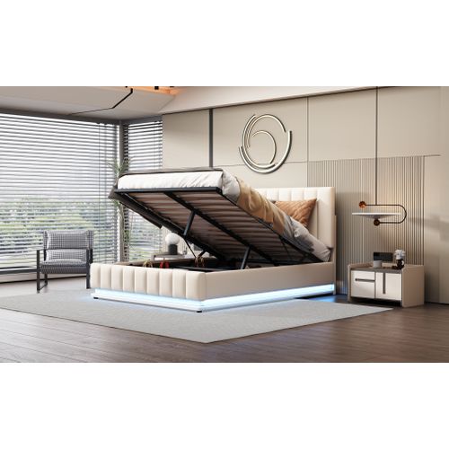 Lit Rembourré 140x200 Cm Avec Coffre De Rangement Et Éclairage LED