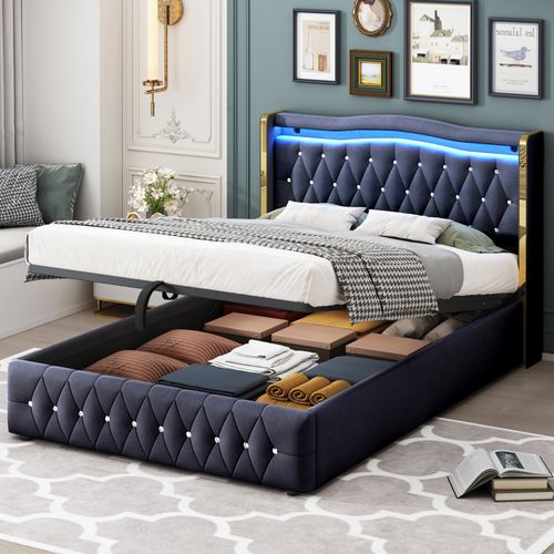 Lit Rembourré 140x200 Cm Avec Structure Avec Coffre De Rangement Et LED