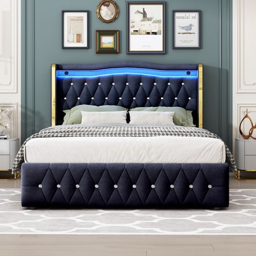 Lit Rembourré 140x200 Cm Avec Structure Avec Coffre De Rangement Et LED