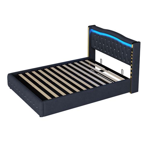 Lit Rembourré 140x200 Cm Avec Structure Avec Coffre De Rangement Et LED