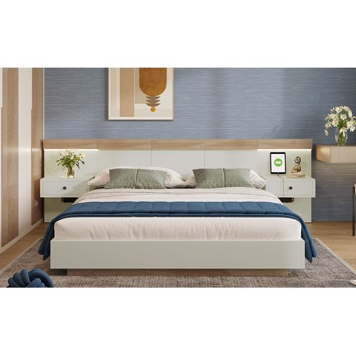 Lit Double 160x200 Cm Avec 2 Tables De Nuit LED Et Prises USB