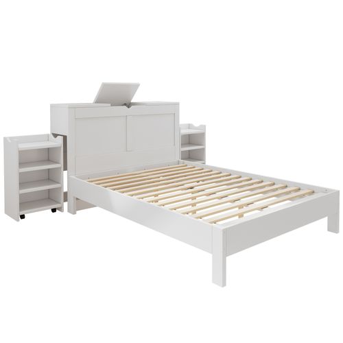 Lit Double 140x200 Cm Avec Tiroirs De Rangement Et Tête De Lit En Mdf Blanc