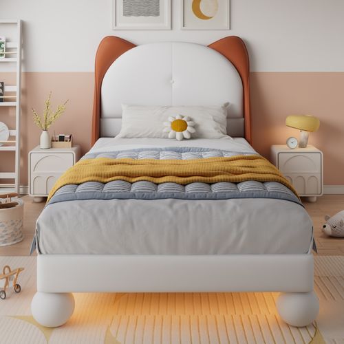 Lit Enfant 90x200 Cm Avec Tête De Lit En Oreilles De Chat Et Lumière LED