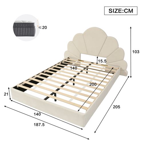 Lit Double 140x200 Cm Avec Tête De Lit En Velours Beige Et Design Moderne
