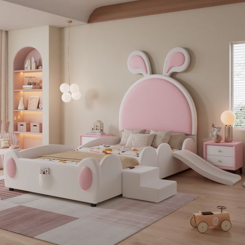 Lit Enfant 90x200 Cm Avec Échelle Et Toboggan, Tête De Lit En Forme De Lapin