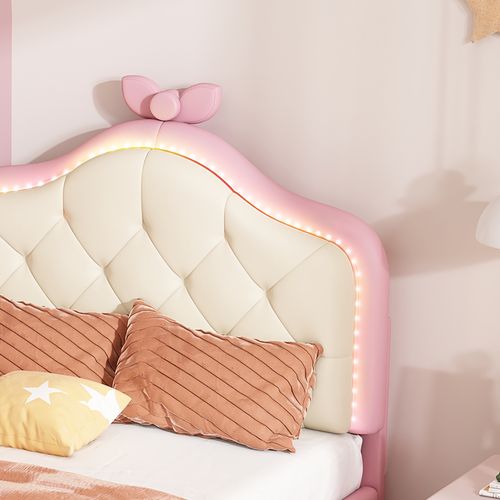 Lit Simple 90x200 Cm Avec Tête De Lit En Pu Et Lumières LED Multicolores