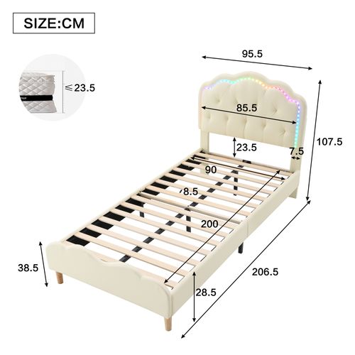 Lit Simple 90x200 Cm Avec Tête De Lit En Pu Et Éclairage LED Multicolore
