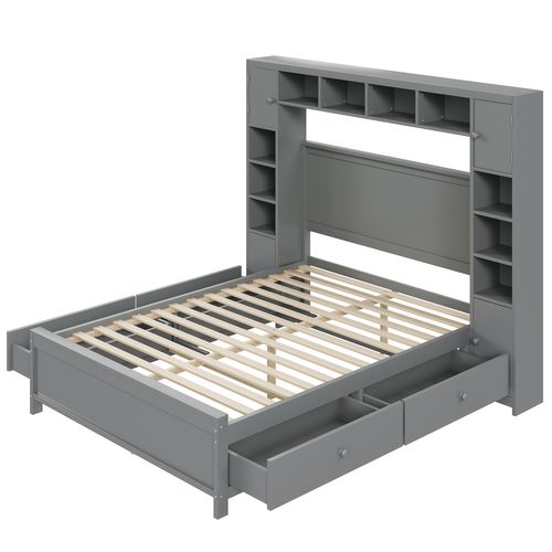 Lit Coffre 140x200 Cm Avec 4 Tiroirs Et Rangement Intégré En Bois Massif