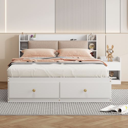 Lit Combiné 140x200 Cm Avec Tête De Lit Rembourrée Et Rangement Intégré