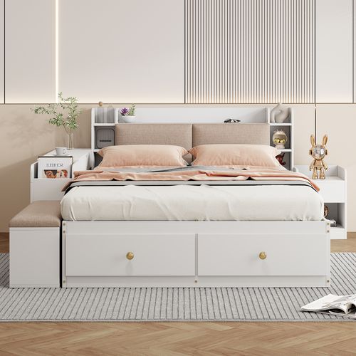 Lit Combiné 140x200 Cm Avec Tête De Lit Rembourrée Et Rangement Intégré