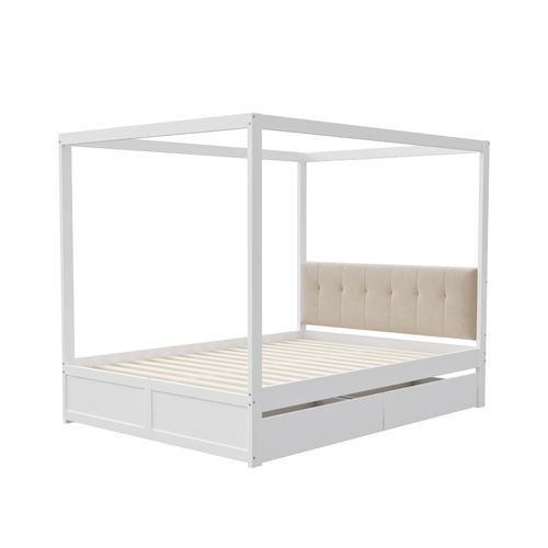 Lit Tente 140x200 Cm Avec Tiroirs Spacieux Et Tête De Lit Rembourrée