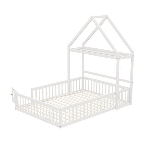 Lit Enfant 140x200 Cm En Bois Massif Avec Espace De Rangement Et Toit
