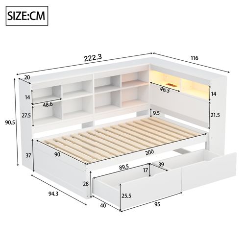 Lit Multifonctionnel 90x200 Cm Avec Rangement Et Éclairage LED