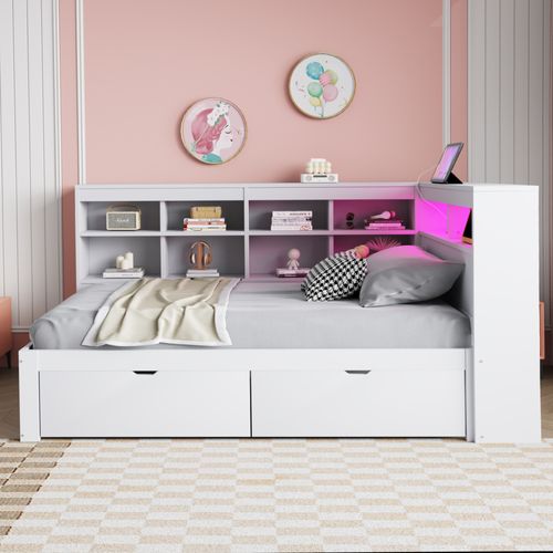 Lit Multifonctionnel 90x200 Cm Avec Rangement Et Éclairage LED