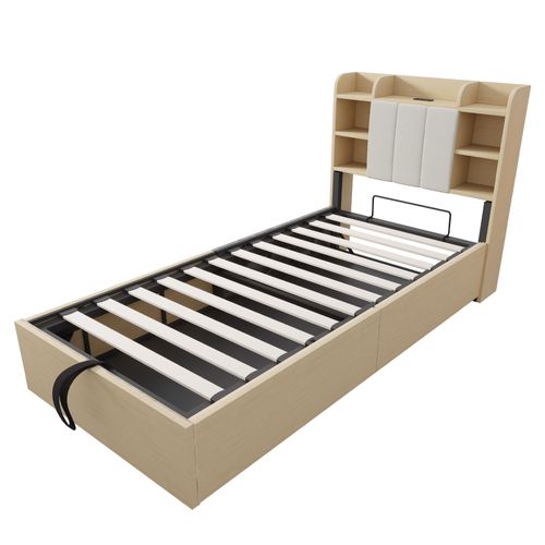 Lit Simple 90x200 Cm Avec Structure Hydraulique Et Tête De Lit Avec Rangement